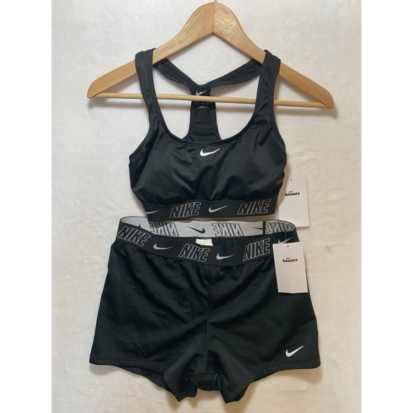 SM/M Nike Swim 2 piece Black White Swoosh logo tape band womens NWT $118 - Picture 1 of 12